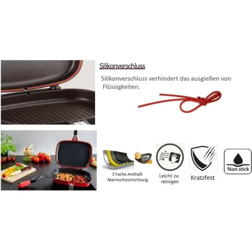 Doppelpfanne / Grillpfanne - 32 cm - Aluminiumguss - Wendegrillpfanne - bordeauxrot