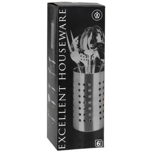 Küchenset - Edelstahl - 6-teilig - Fleischgabel, Gemüselöffel, Servierlöffel, Schaumlöffel, Suppenlöffel mit Ständer