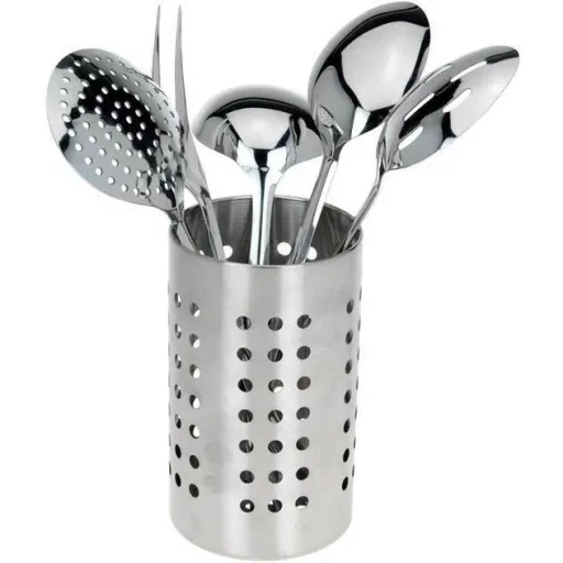 Küchenset - Edelstahl - 6-teilig - Fleischgabel, Gemüselöffel, Servierlöffel, Schaumlöffel, Suppenlöffel mit Ständer