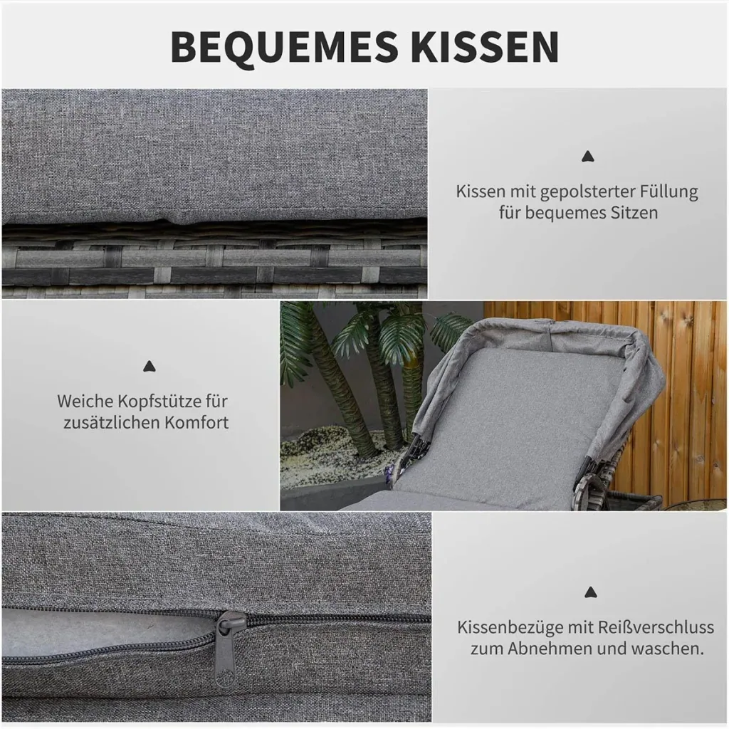 Sonnenliege aus Polyrattan mit Sonnendach Gartenliege verstellbar Rattanliege Gartenmöbel Liege mit Kissen Grau 195 x 65