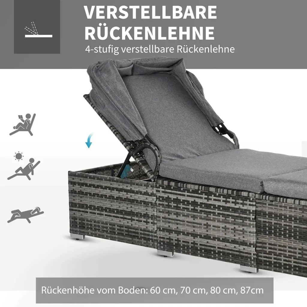 Sonnenliege aus Polyrattan mit Sonnendach Gartenliege verstellbar Rattanliege Gartenmöbel Liege mit Kissen Grau 195 x 65