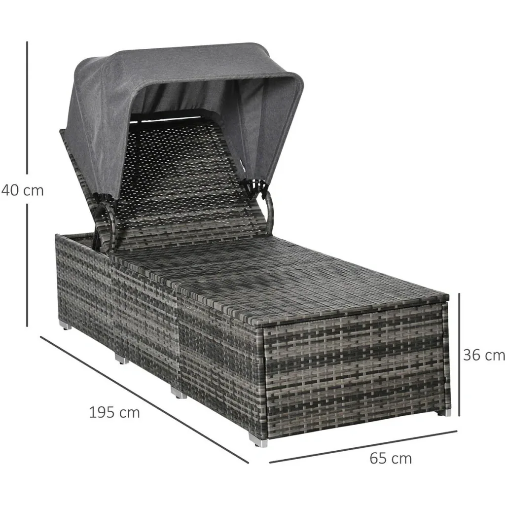 Sonnenliege aus Polyrattan mit Sonnendach Gartenliege verstellbar Rattanliege Gartenmöbel Liege mit Kissen Grau 195 x 65