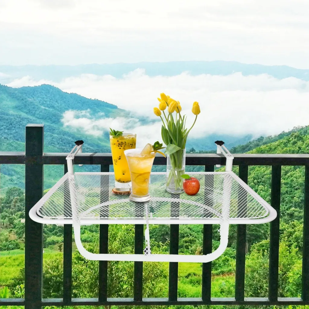 Balkonhängetisch Hängetisch höhenverstellbar viereckig Terrasse Metall Weiß L60 x B56,5 x H45 cm