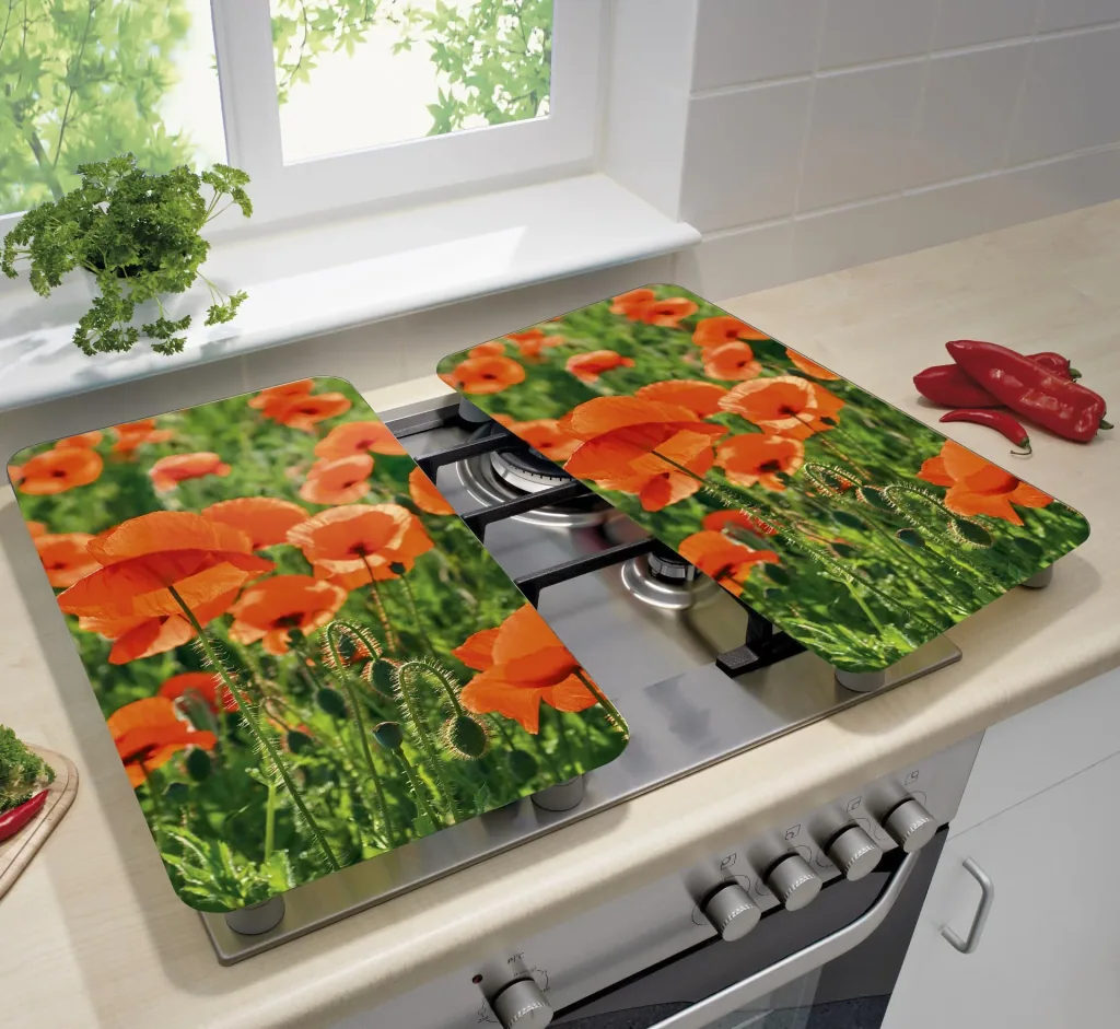 3 in 1 Herd-Abdeckplatten, Schneidbretter, Arbeitsplatten, Glas, Mohnblumen-Design, je 52 x 30 cm, 2er-Set
