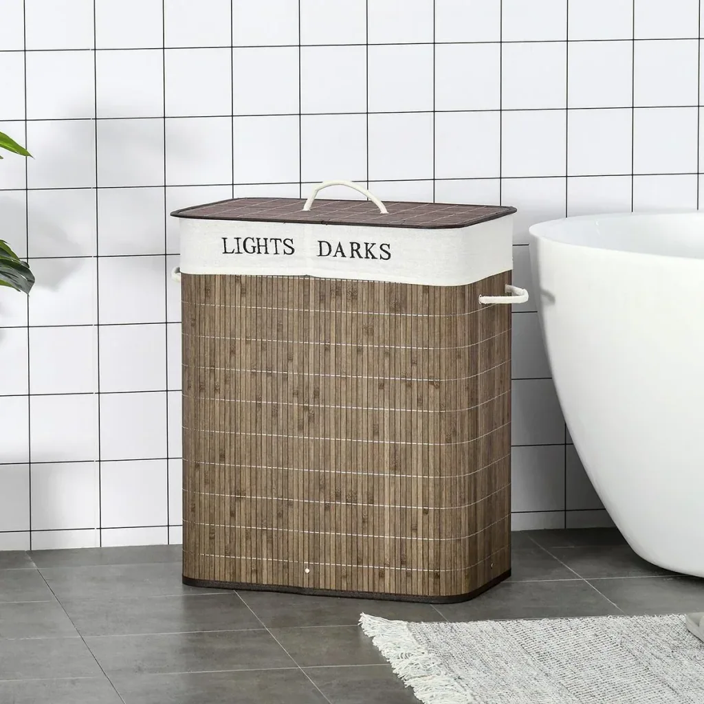 100L Wäschekorb Wäschebox Wäschesammler mit 3 Griffe abnehmbar Bambus Polyester Baumwolle Metall Braun+Weiß 52 x 32 x 63