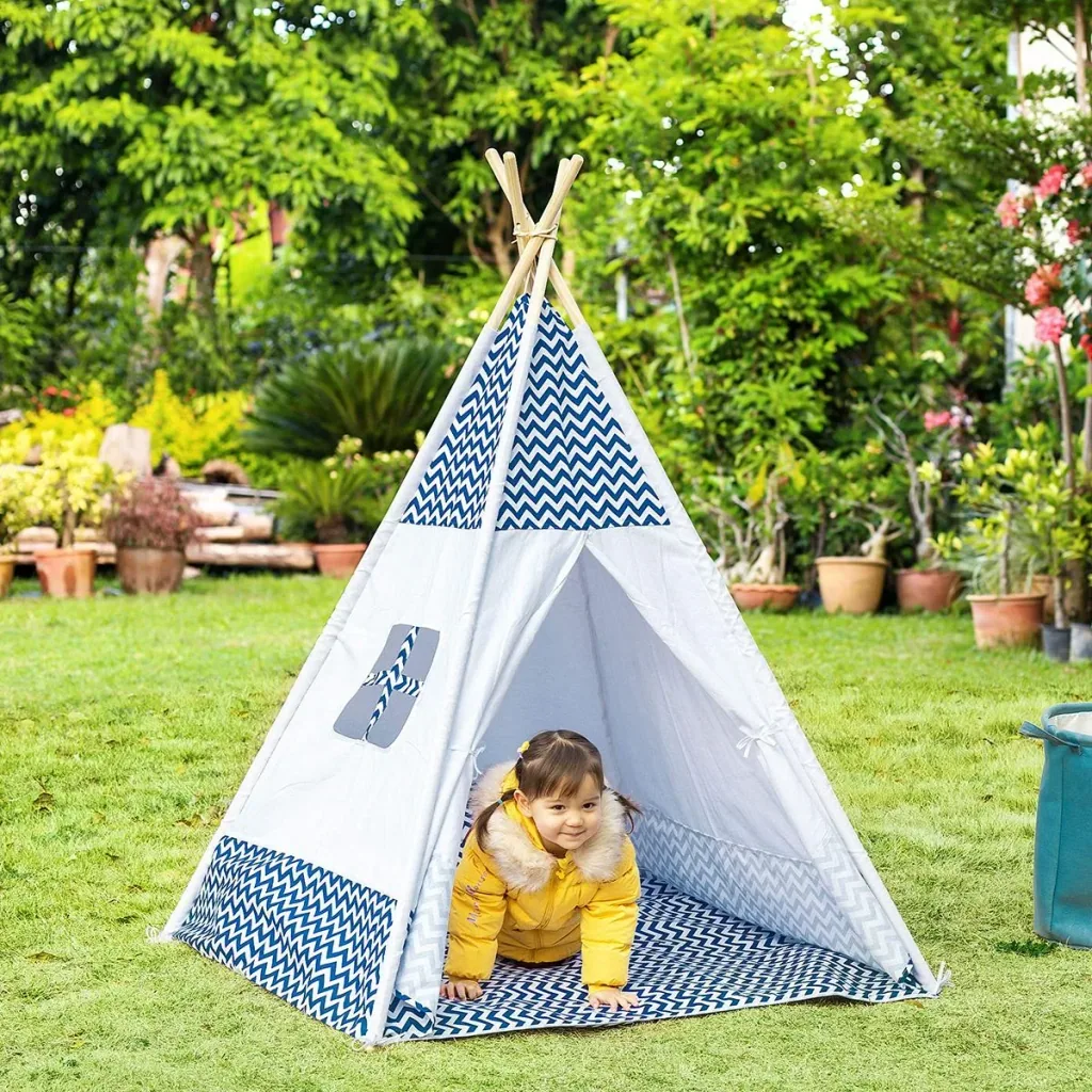 Tipi-Zelt für Kinder - inkl. Bodenmatte und Kissen - Blau/Weiß - 120 x 120 x 155 cm