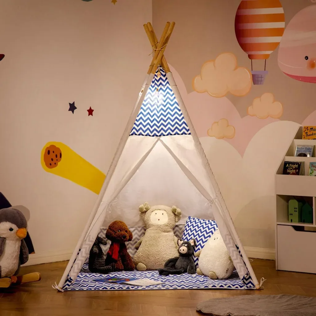 Tipi-Zelt für Kinder - inkl. Bodenmatte und Kissen - Blau/Weiß - 120 x 120 x 155 cm