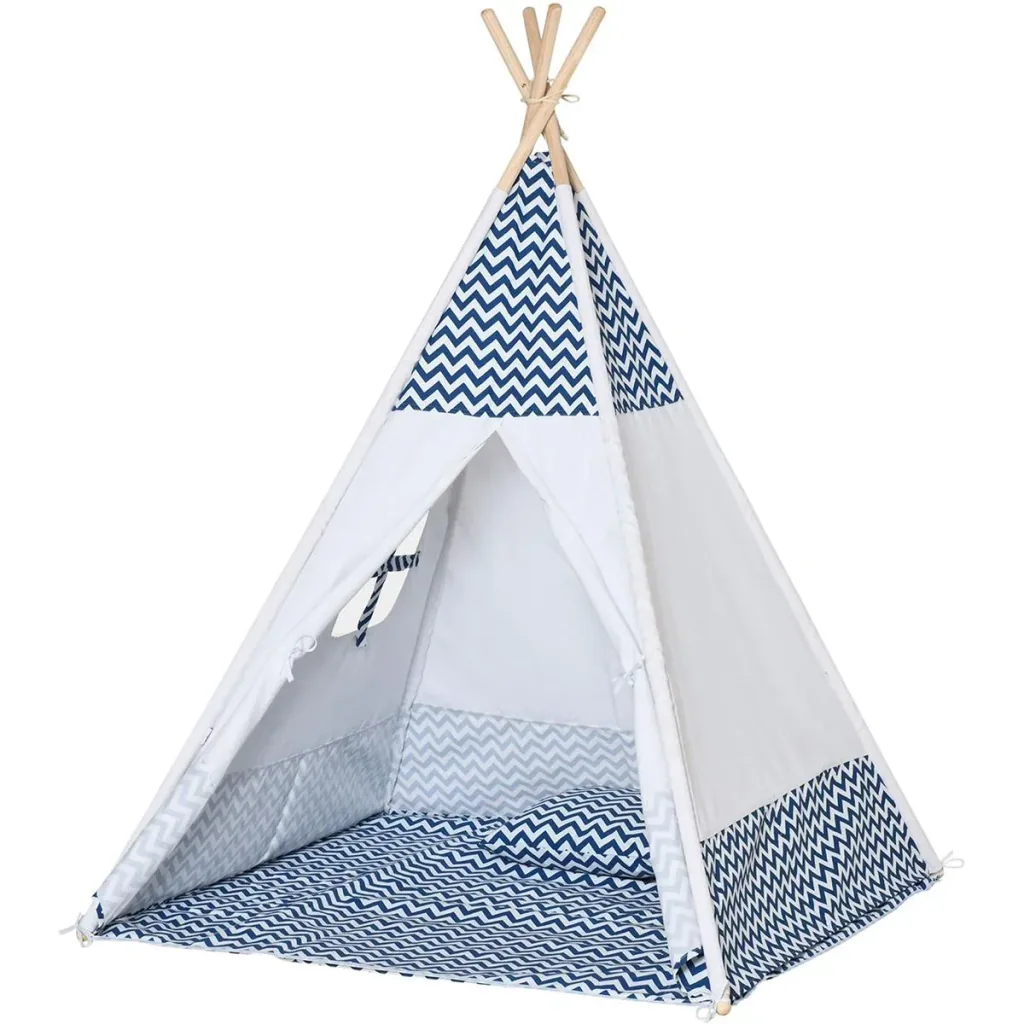 Tipi-Zelt für Kinder - inkl. Bodenmatte und Kissen - Blau/Weiß - 120 x 120 x 155 cm
