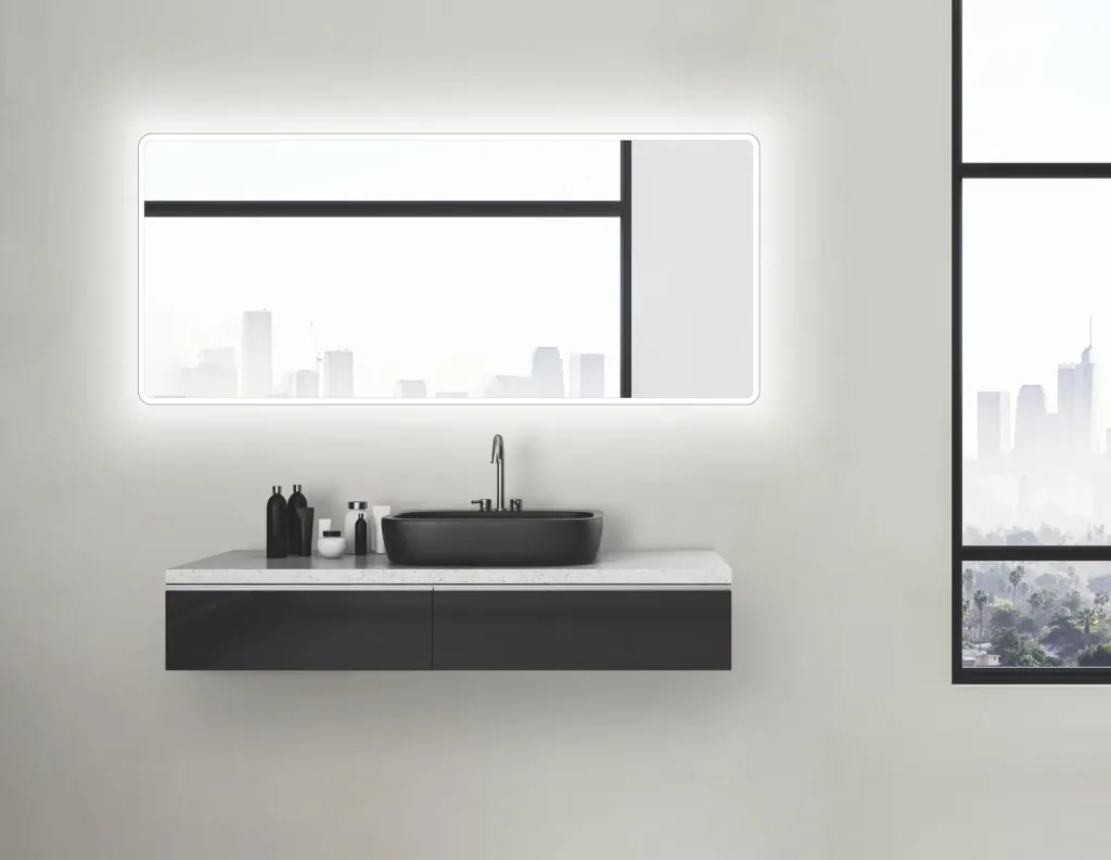 Badezimmerspiegel mit Beleuchtung, "Moon" - 160 x 70 cm - mit umlaufenden Raumlicht - Lichtfarbe neutralweiß