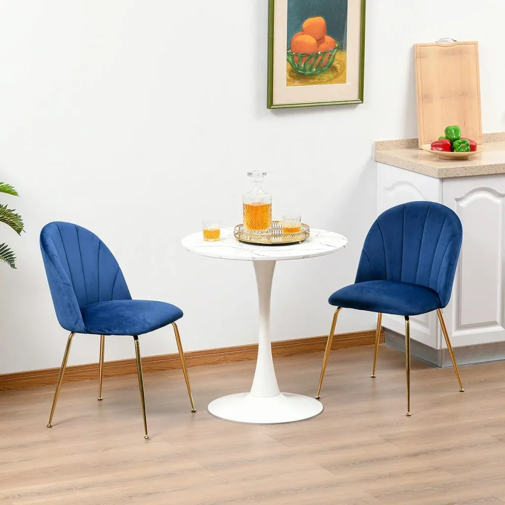 2er-Set Küchenstühle Esszimmerstühle mit Rückenlehne Polyester-Gewebe Metallbeine Blau+Gold 52 x 52 x 81 cm Küchenstuhl