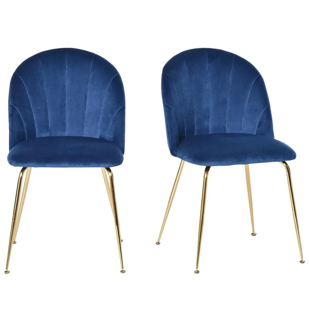 2er-Set Küchenstühle Esszimmerstühle mit Rückenlehne Polyester-Gewebe Metallbeine Blau+Gold 52 x 52 x 81 cm Küchenstuhl