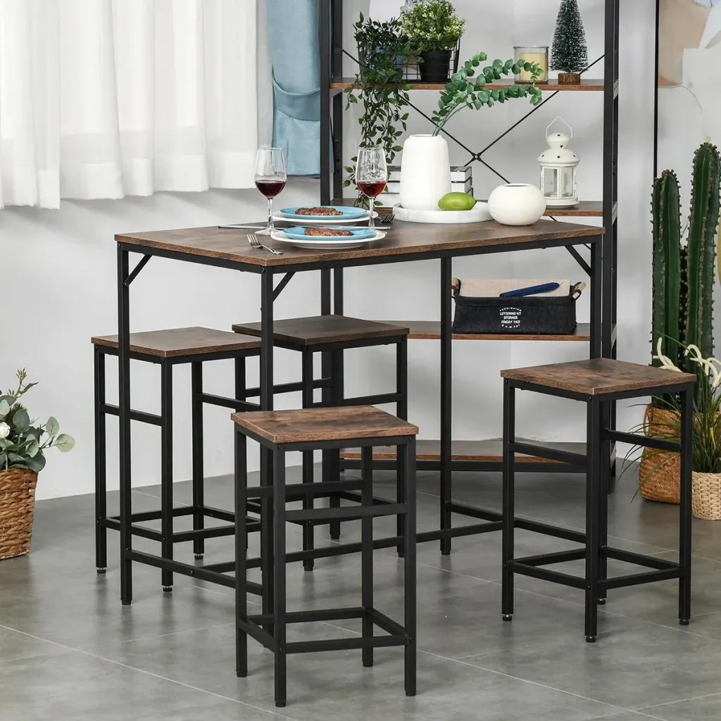 Bartisch-Set Stehtisch mit 4 Barhockern 5-teiliges Tischset Küchentresen Spanplatte Stahl Rustikales Braun+Schwarz 100 x