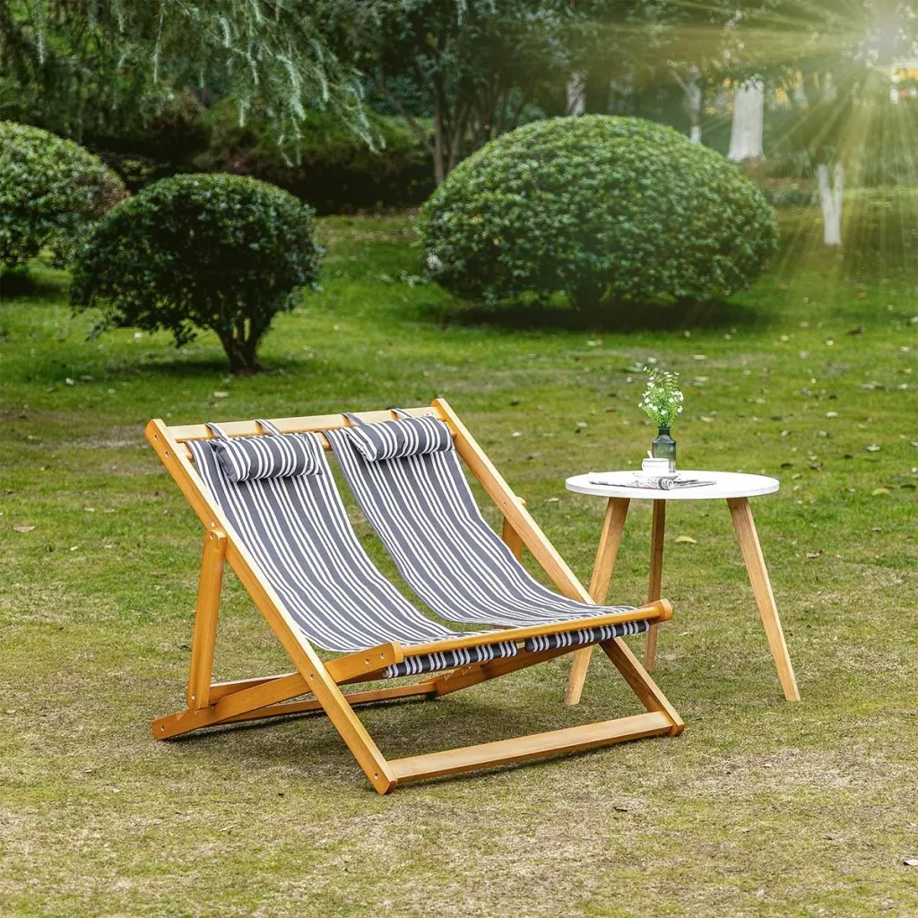 Gartenliege für 2 Personen, klappbar, bis zu 200 kg, Teak+Grau+Weiß, 108 x 105 x 85 cm