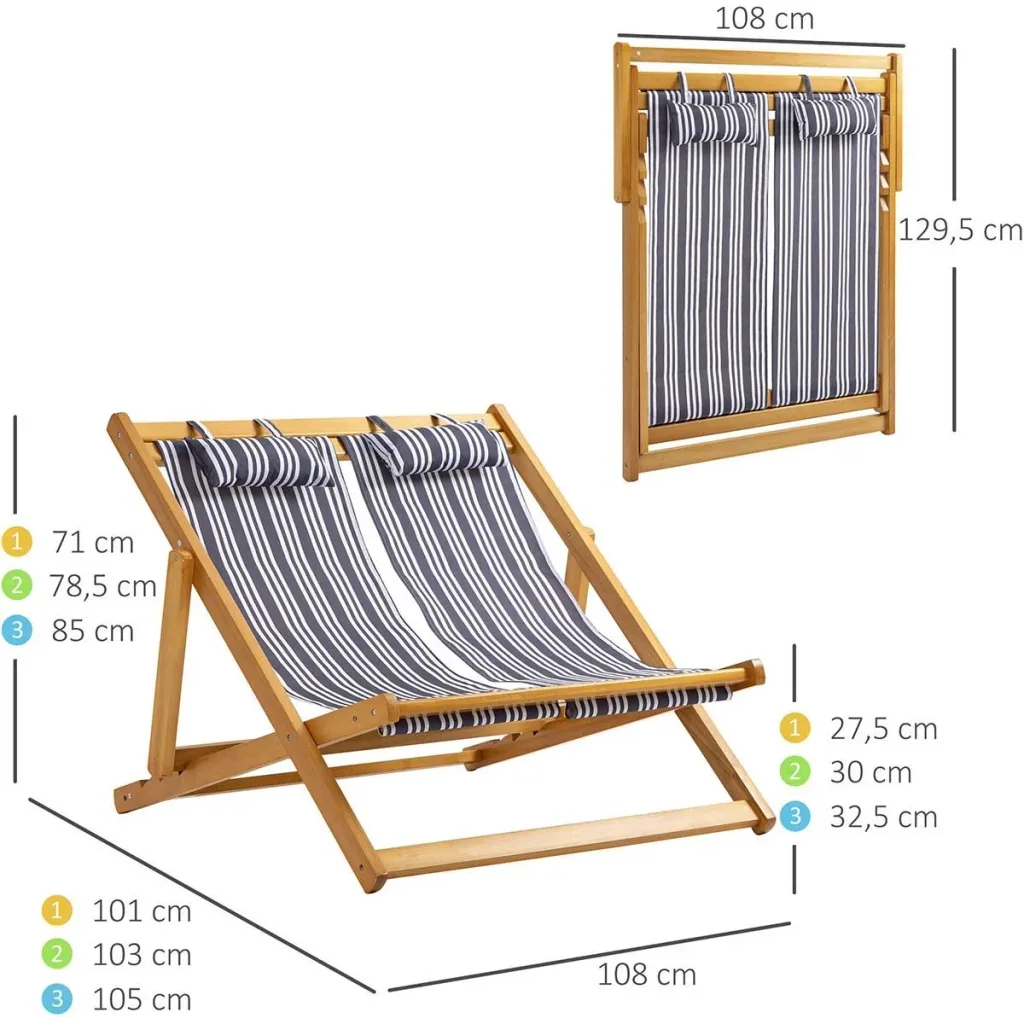 Gartenliege für 2 Personen, klappbar, bis zu 200 kg, Teak+Grau+Weiß, 108 x 105 x 85 cm