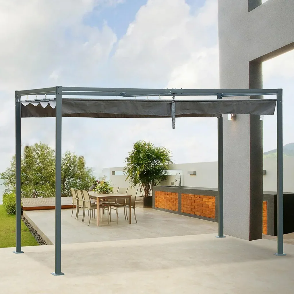 Pergola Pavillon Terrassenüberdachung mit Schiebedach Polyester Grau 298 x 213 x 222 cm
