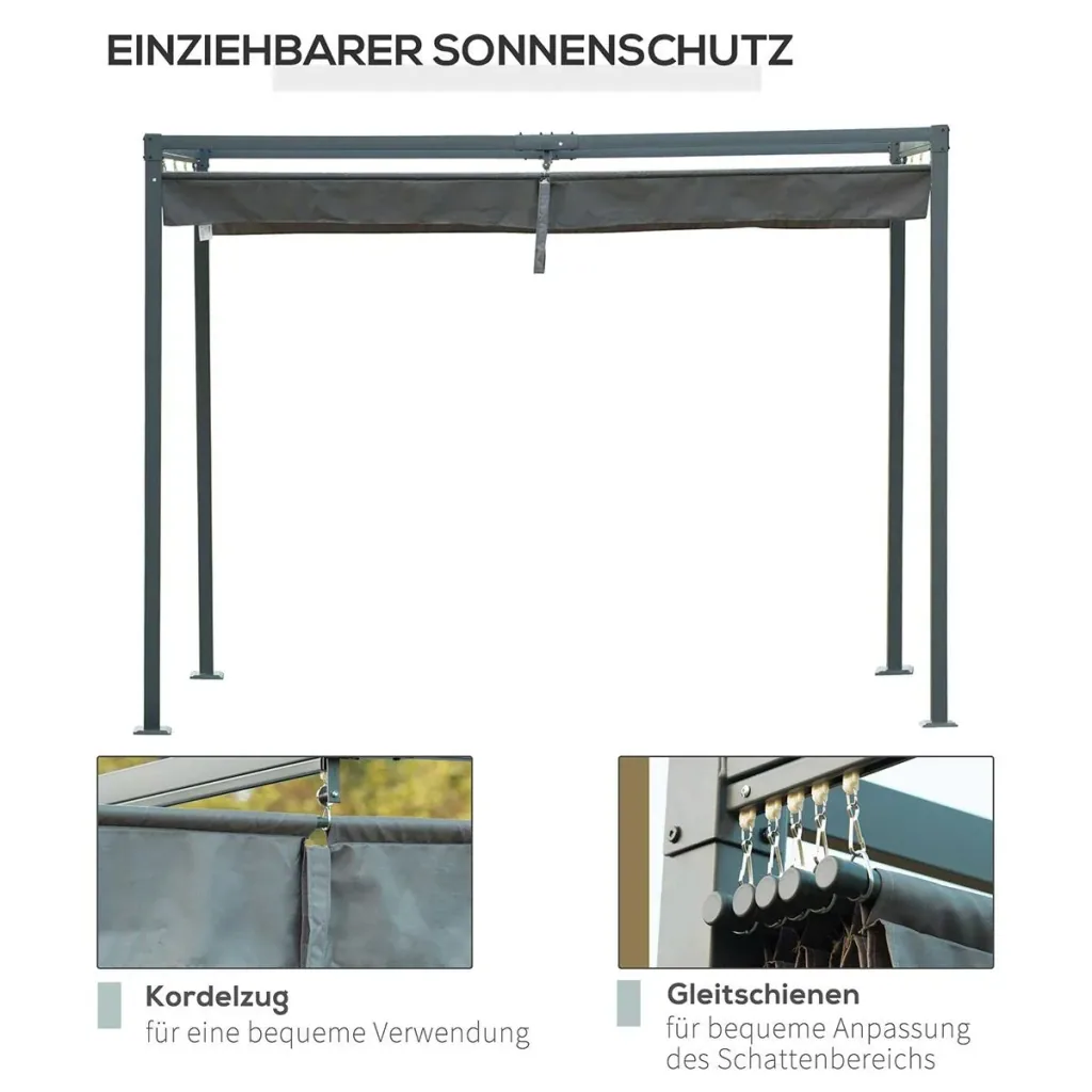Pergola Pavillon Terrassenüberdachung mit Schiebedach Polyester Grau 298 x 213 x 222 cm