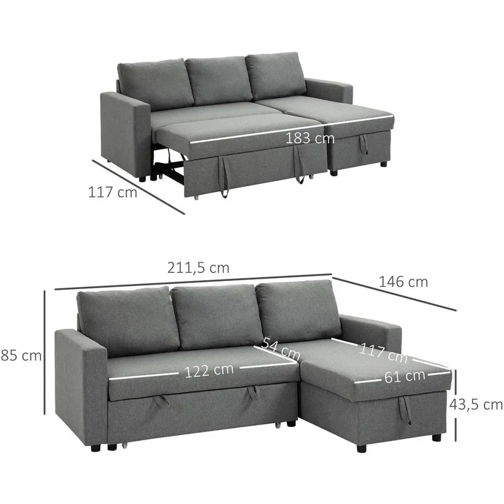 Ecksofa mit Schlaffunktion Stauraum Eckcouch mit Bettkasten Chaiselongue Schlafsofa Stoffsofa L-Form Leinen-Touch Hellgr