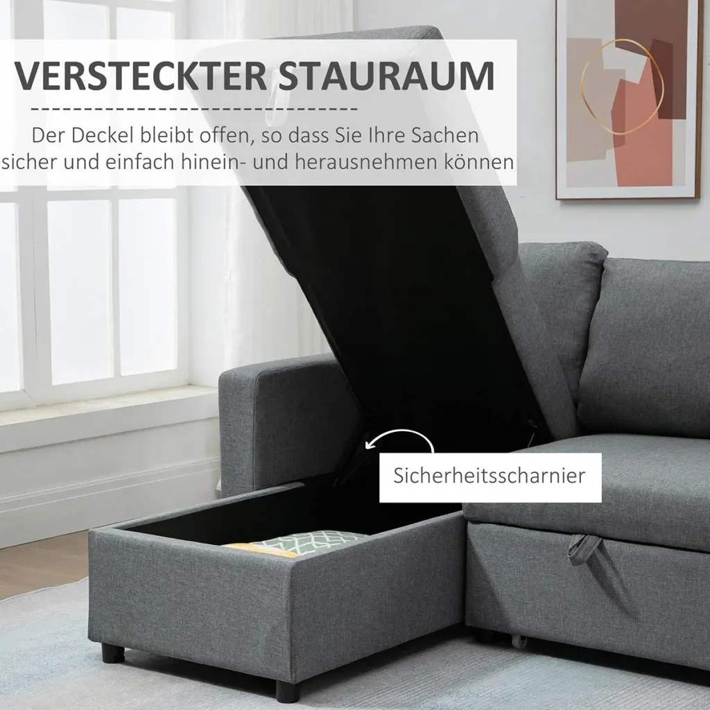 Ecksofa mit Schlaffunktion Stauraum Eckcouch mit Bettkasten Chaiselongue Schlafsofa Stoffsofa L-Form Leinen-Touch Hellgr
