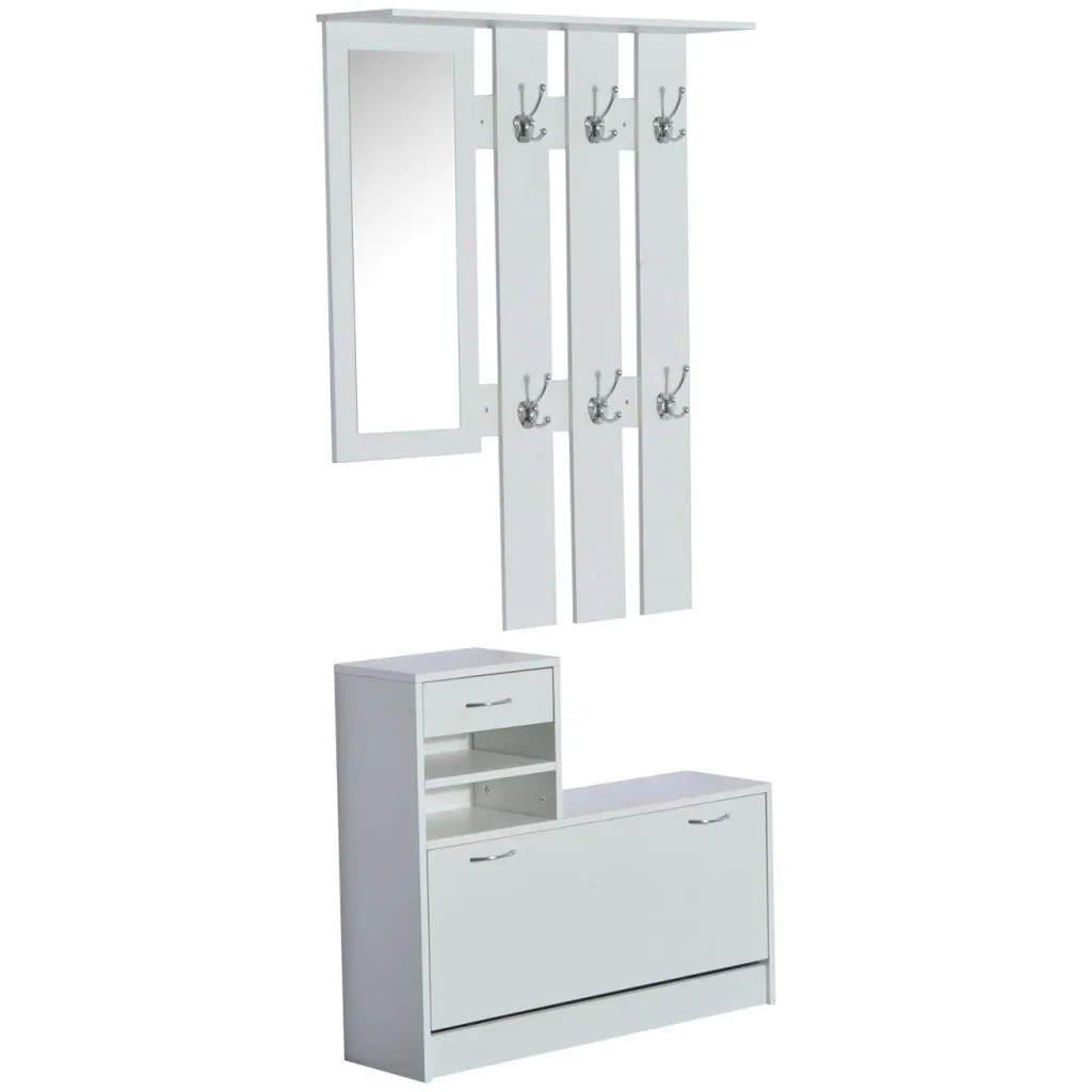 Garderoben Set 2 tlg Schuhschrank Spiegel 3 in 1 Weiß