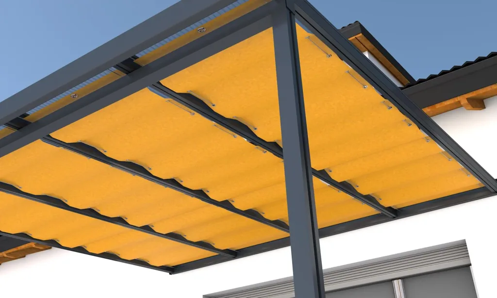 Beschattung mit Seilführung, 945 x 4900 mm - Stoff Golden Crops, orange gestreift, passend für Dachtiefe 5 m