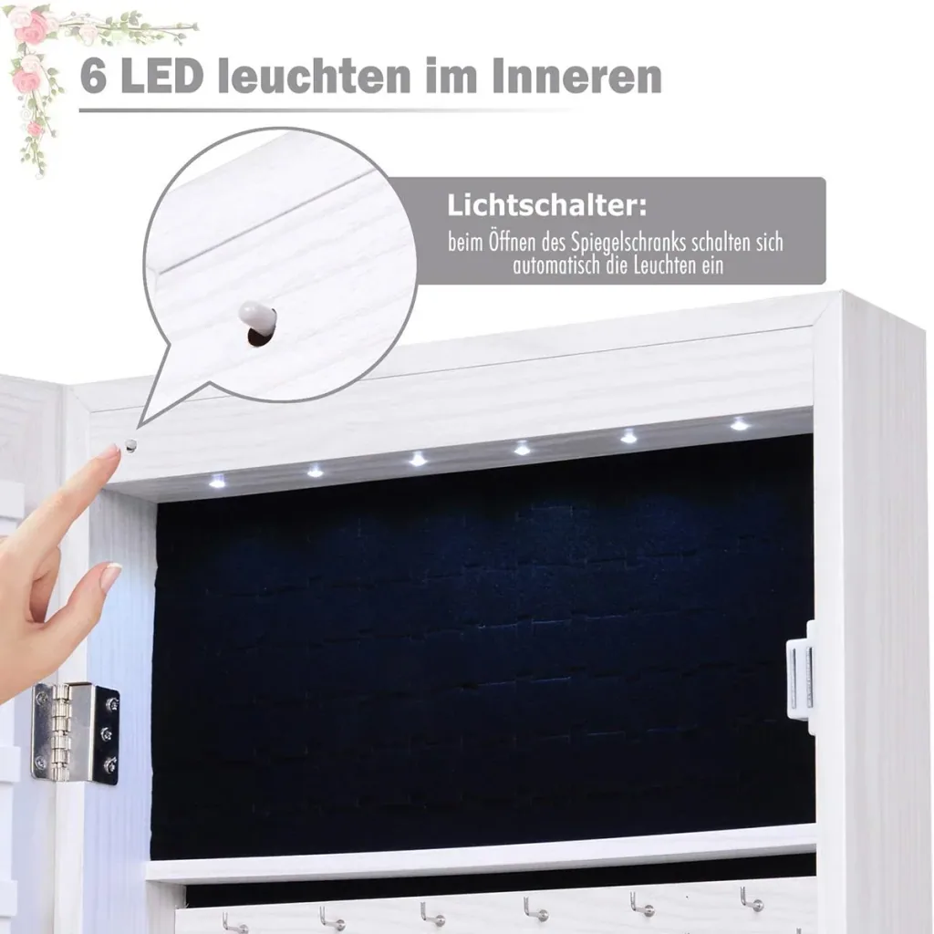 LED Schmuckschrank mit Spiegel hellgrau