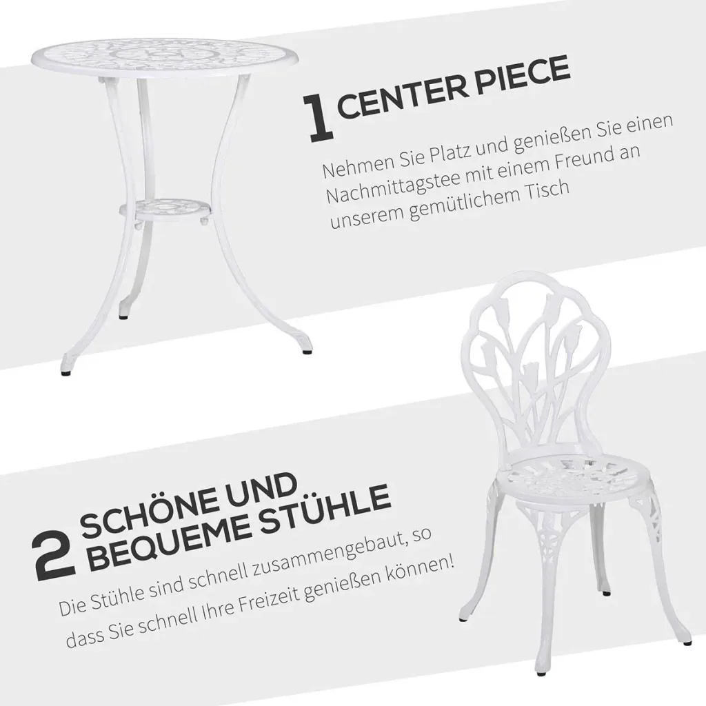 Sitzgruppe 3-teilige Essgruppe Gartenmöbel-Set 1 Tisch+2 Stühle mit Schirmloch Terrasse Aluminium Weiß Ø60 x 67H cm