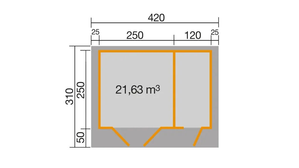 Gartenhaus 253 Gr.2, 420 x 310 x 270 cm hellgrau, 28 mm, Doppeltür, mit 2. Raum Einzeltür