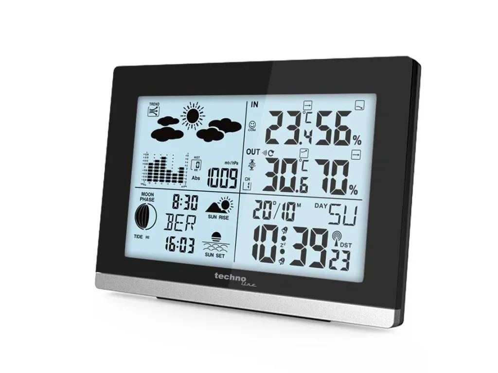 WS6762 Funk-Wetterstation mit Außensensor – DCF Funkuhr, Innen- & Außentemperatur, Luftfeuchtigkeit, Wettertrend, Mondphase, großes LCD Display, Wecker mit Datum & Uhrzeit