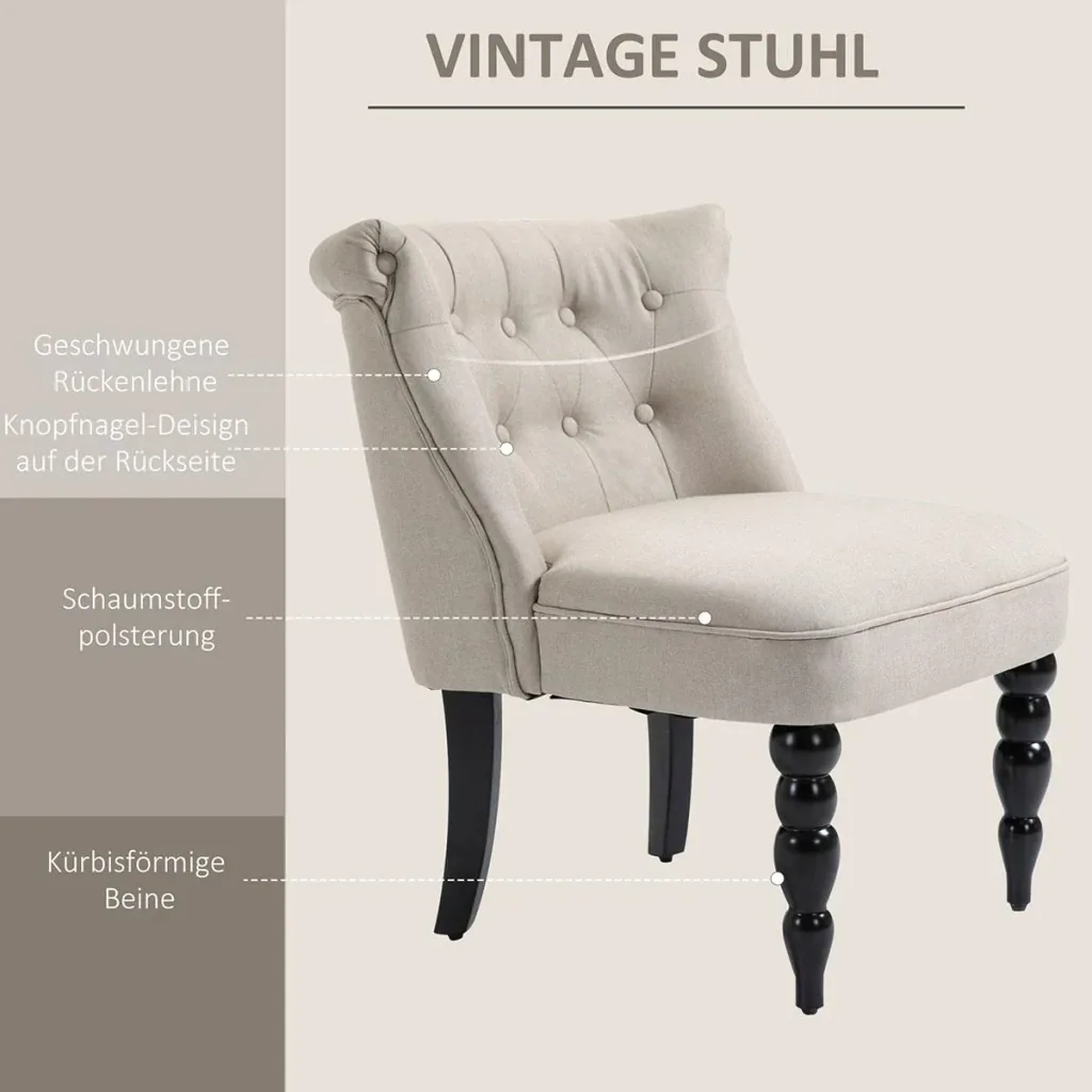 Relaxsessel Vintage Ruhesessel Relaxstuhl Polstersessel Esszimmerstuhl Leinenbezug Holzgestell Beige+Schwarz 67 x 67 x 7