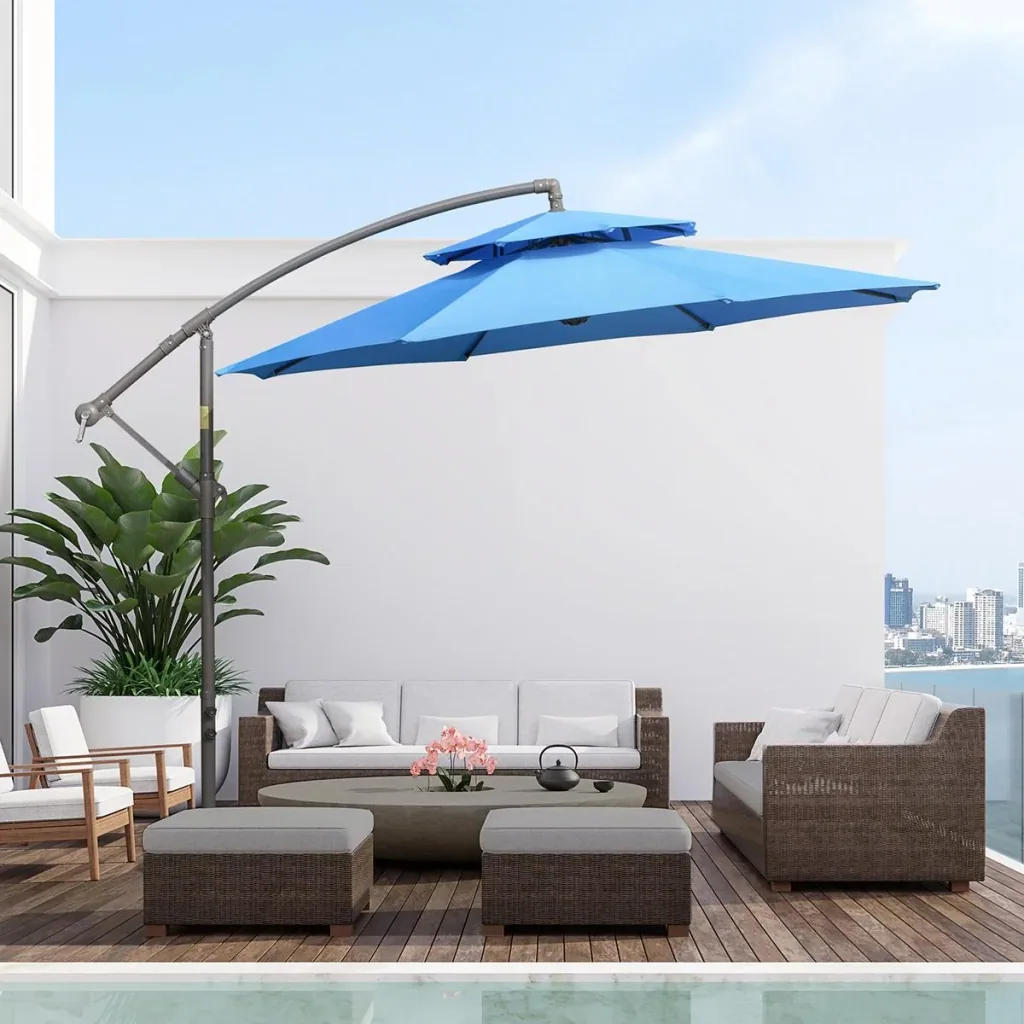 Sonnenschirm Ø2,67 x 2,7 m Pendelsonnenschirm mit Doppeldach Kreuzfuß Stahl Outdoor Polyester Blau