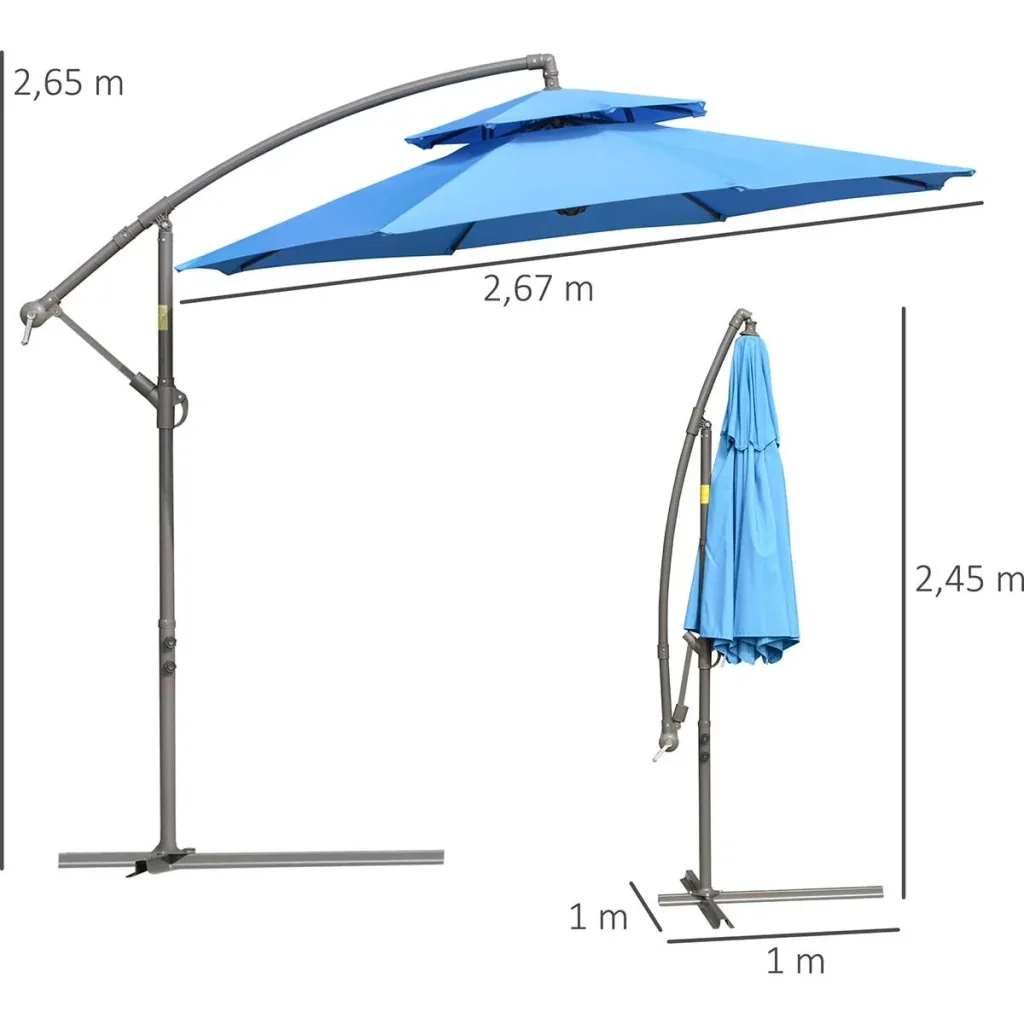 Sonnenschirm Ø2,67 x 2,7 m Pendelsonnenschirm mit Doppeldach Kreuzfuß Stahl Outdoor Polyester Blau