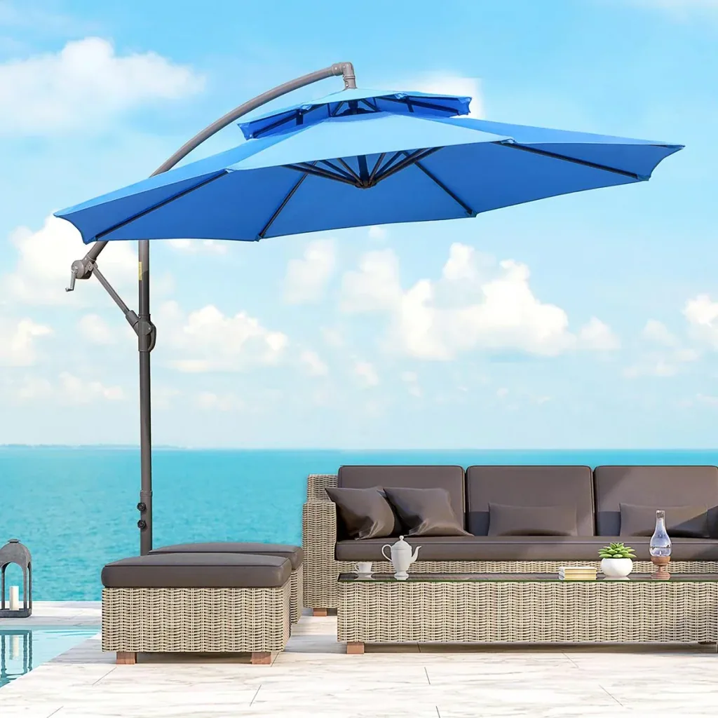 Sonnenschirm Ø2,67 x 2,7 m Pendelsonnenschirm mit Doppeldach Kreuzfuß Stahl Outdoor Polyester Blau