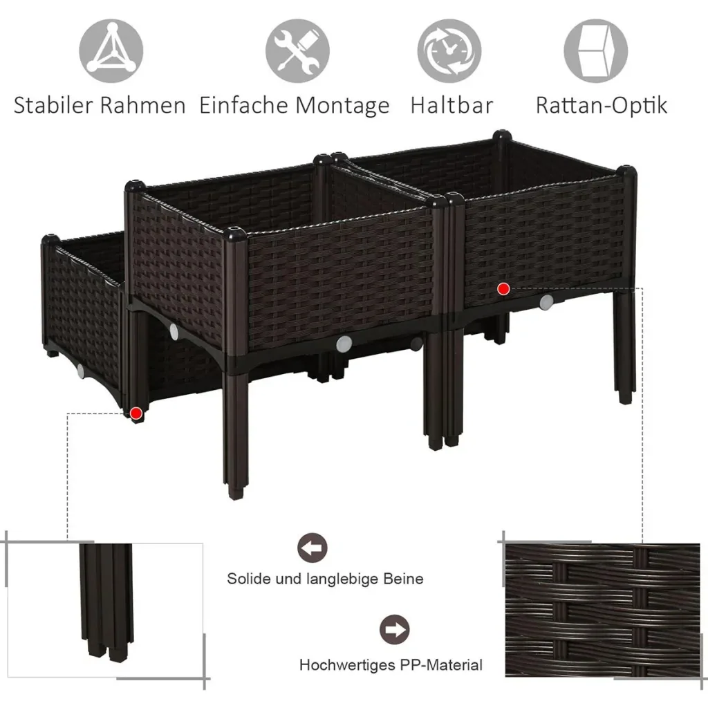 4-teiliges Hochbeet in Rattan-Optik dunkelbraun