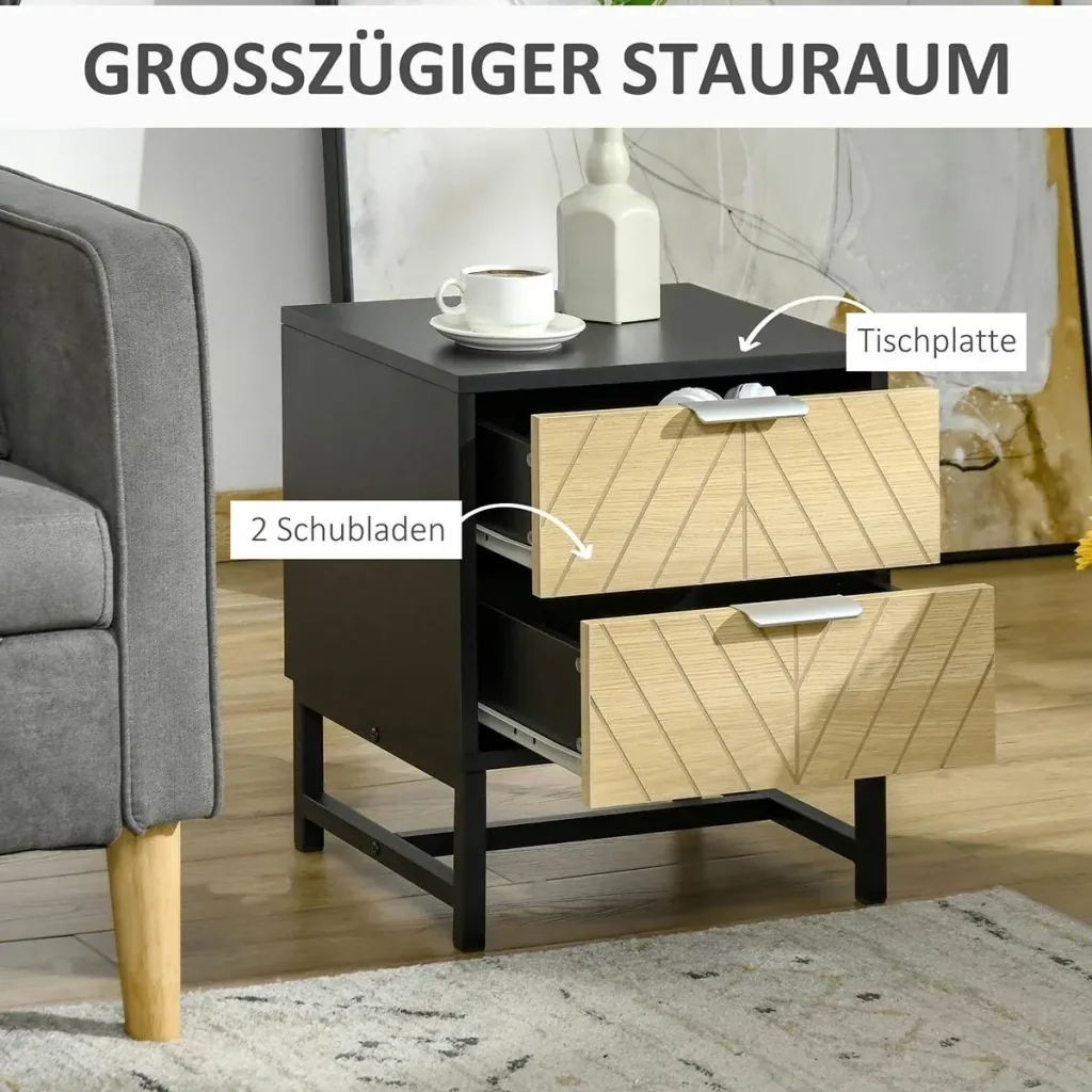 Nachttisch Nachtkommode mit 2 Schubladen Beistelltisch Nachtschrank Sofatisch Schwarz+Natur 40 x 36 x 48,5 cm