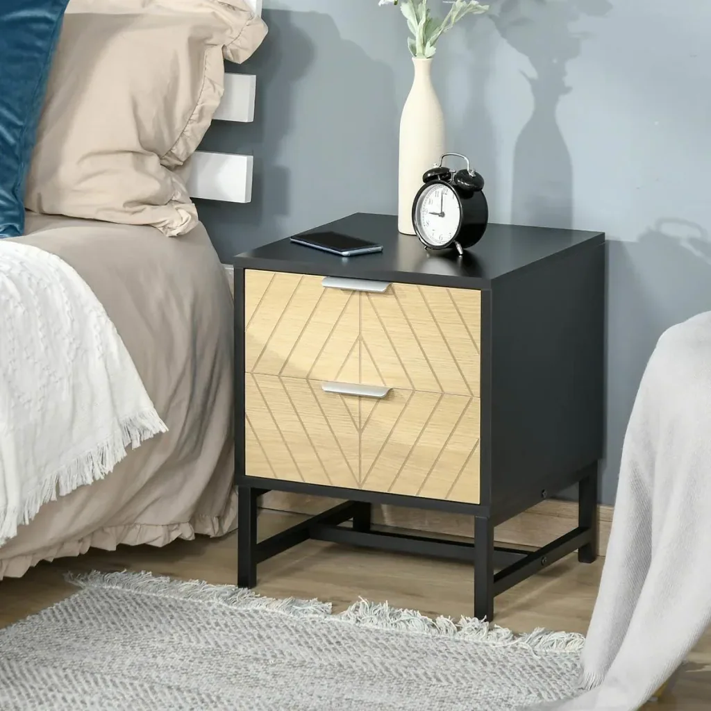 Nachttisch Nachtkommode mit 2 Schubladen Beistelltisch Nachtschrank Sofatisch Schwarz+Natur 40 x 36 x 48,5 cm