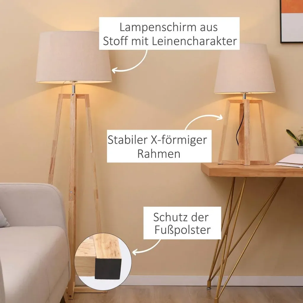 Stehlampe mit 1 Tischlampe 2er-Set Nachttischlampe 149 cm/68 cm Höhe Stehleuchte für Wohnzimmer Schlafzimmer Skandi-Desi