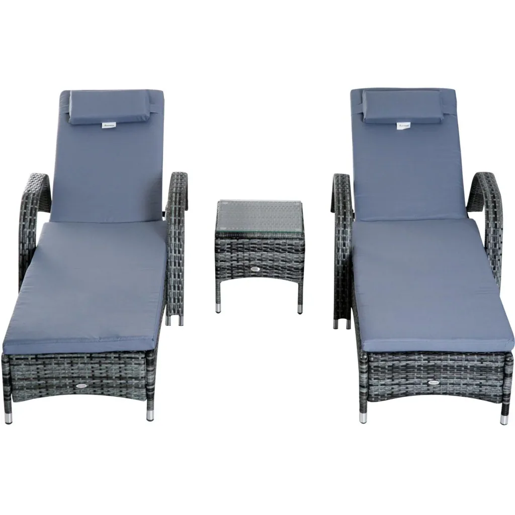 Sonnenliege Gartenliege Tisch 3er-Set Gartenmöbel Polyrattan + Metall Grau höhenverstellbar