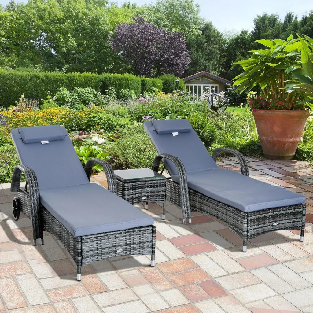 Sonnenliege Gartenliege Tisch 3er-Set Gartenmöbel Polyrattan + Metall Grau höhenverstellbar