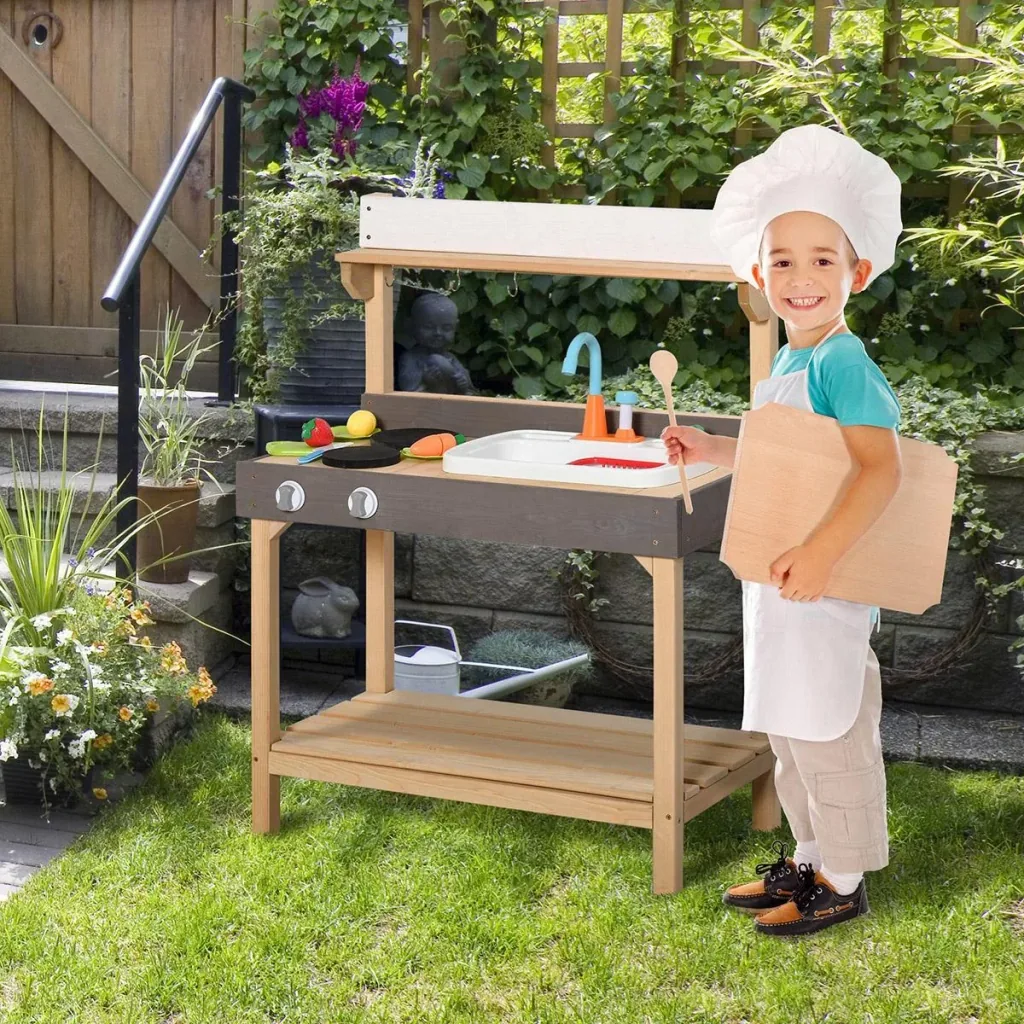 Matschküche mit Wasserhahn Kinderküche mit Zubehör 14-Teilige Spielküche Spielzeugküche Holz Kunststoff Natur+Grau+Weiß
