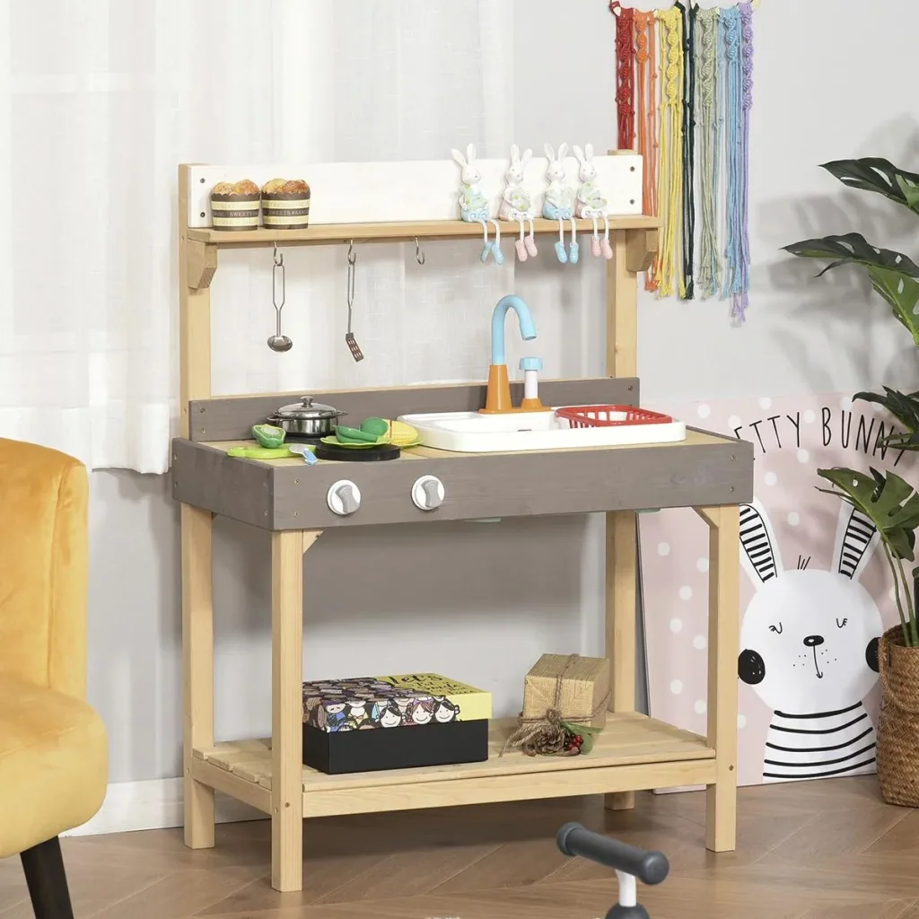 Matschküche mit Wasserhahn Kinderküche mit Zubehör 14-Teilige Spielküche Spielzeugküche Holz Kunststoff Natur+Grau+Weiß