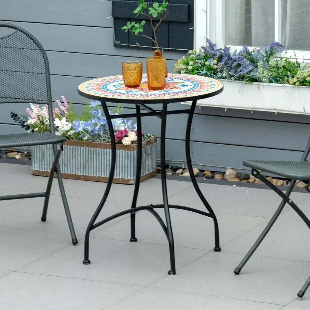 Garten Mosaik Runder Bistrotisch Keramik Metall Rot+Blau+Weiß Ø60 cm