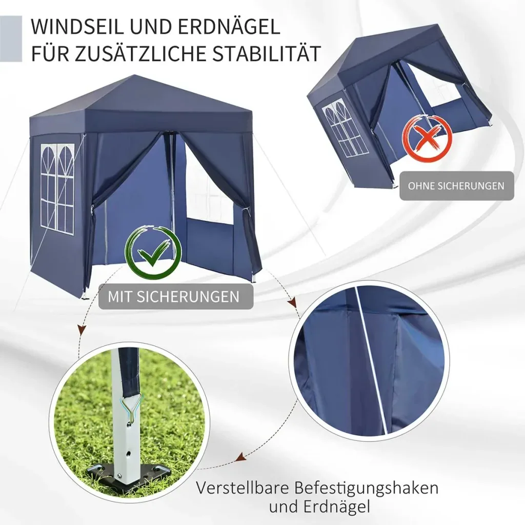 Pavillon 2x2m Faltpavillon 4 Seitenwände mit Fenster Tür mit Reißverschluss Festzelt Gartenzelt Pop-Up-Pavillon inkl. He