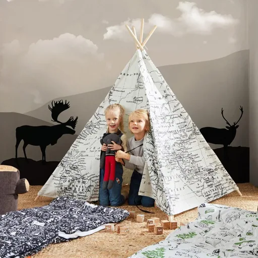 Weltkarte Tipi Zelt Schwarz / Weiß