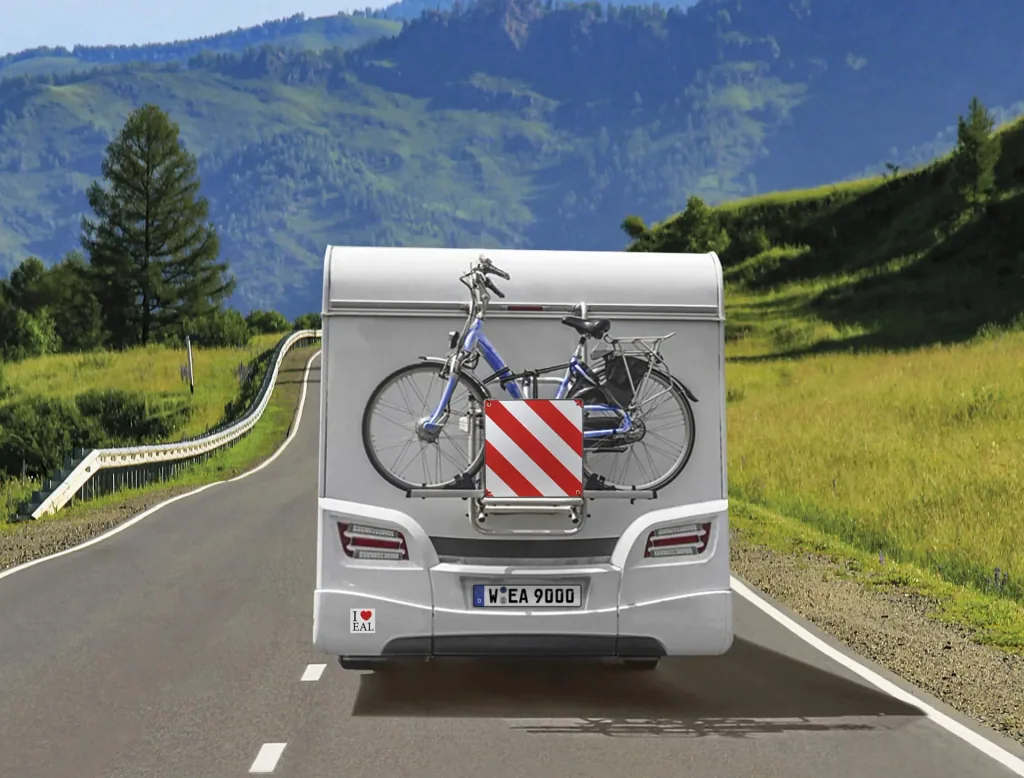 Warntafel für Fahrradträger, 2 in 1, für Spanien & Italien, cas. 50 x 50 cm