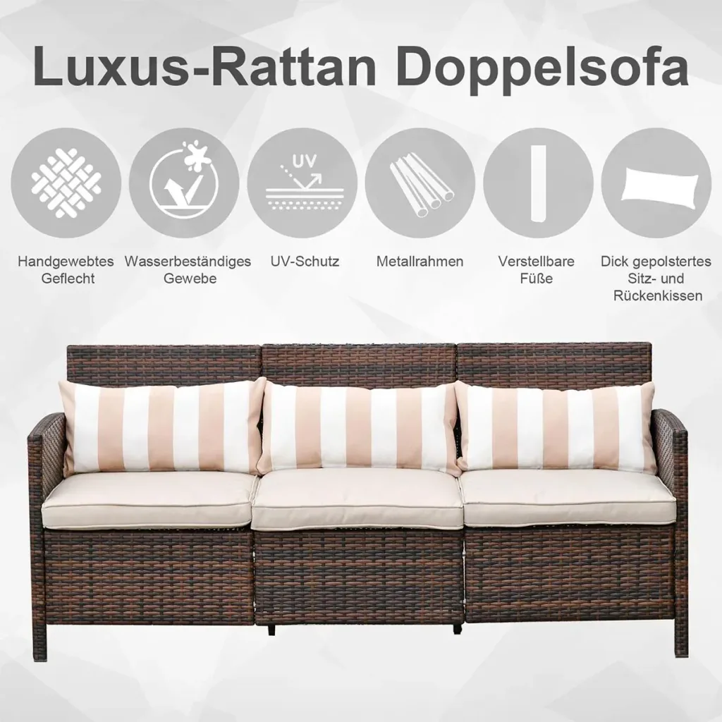 Rattan Loungesofa als 3-Sitzer braun/grau