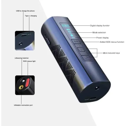 Pure4u CAR3 Tragbarer Kompressor - Elektrische Reifenpumpe - USB Wiederaufladbar - LED - Powerbank