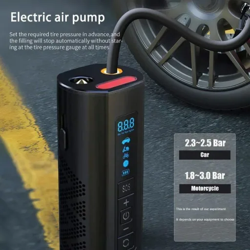 Pure4u CAR3 Tragbarer Kompressor - Elektrische Reifenpumpe - USB Wiederaufladbar - LED - Powerbank