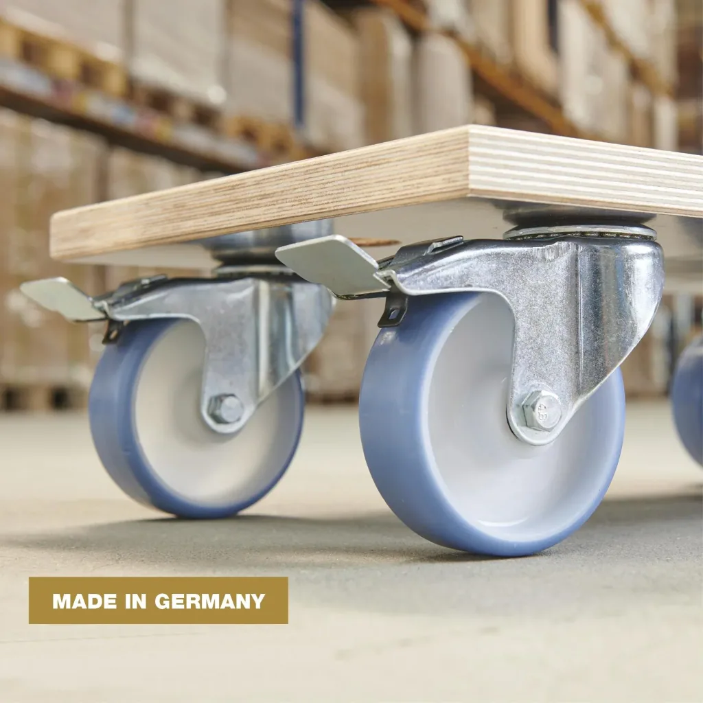 Transporthilfe MM 1341, 57,5 x 30 x 15 cm, harte Rollen Ø 100 mm, Rollenlager, 2 Bremsen, Platte FSC®, Tragkraft 500 kg
