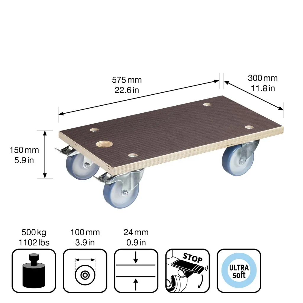 Transporthilfe MM 1341, 57,5 x 30 x 15 cm, harte Rollen Ø 100 mm, Rollenlager, 2 Bremsen, Platte FSC®, Tragkraft 500 kg
