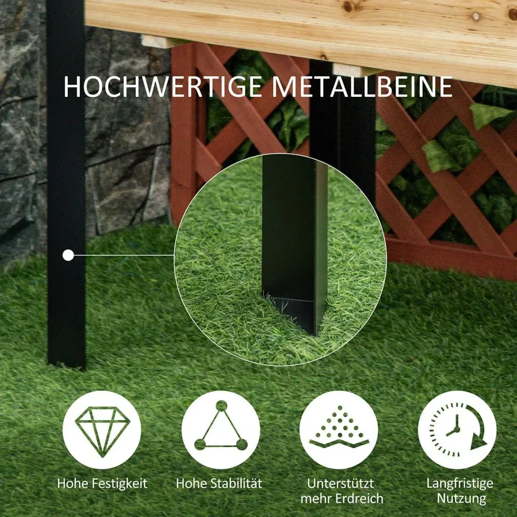 Hochbeet Pflanzkasten Blumenkasten Blumentopf Kräuterbeet mit Vliesstoff Massivholz Stahl Natur+Schwarz 120 x 60 x 74 cm